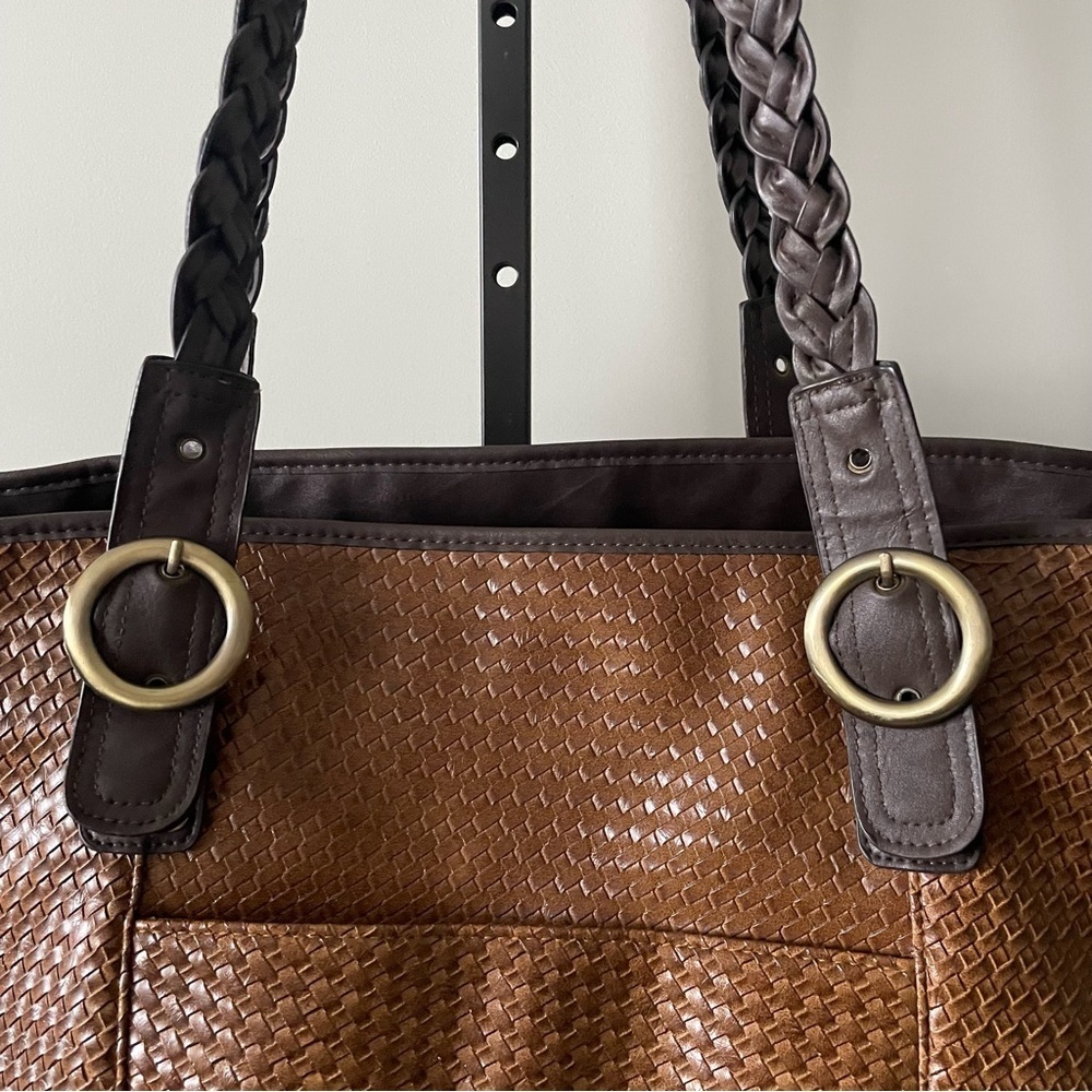 Bueno Large Woven Braided Boho Tote Bag XL Purse Brown Cognac Vegan Faux Leather - Picture 6 of 11